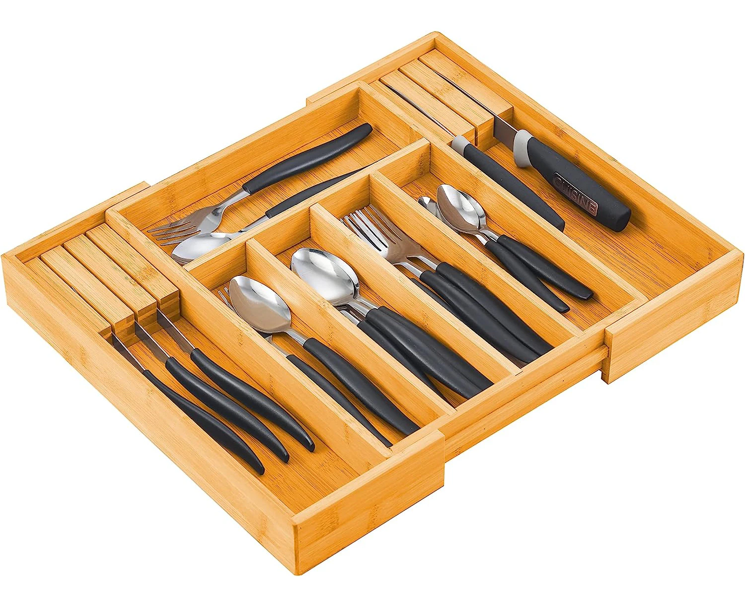 CARLA HOME Bamboo Expandable Drawer Organizer with Knife Block Holder, Adjustable Cutlery Tray, Tableware Storage Box Utensil Tray