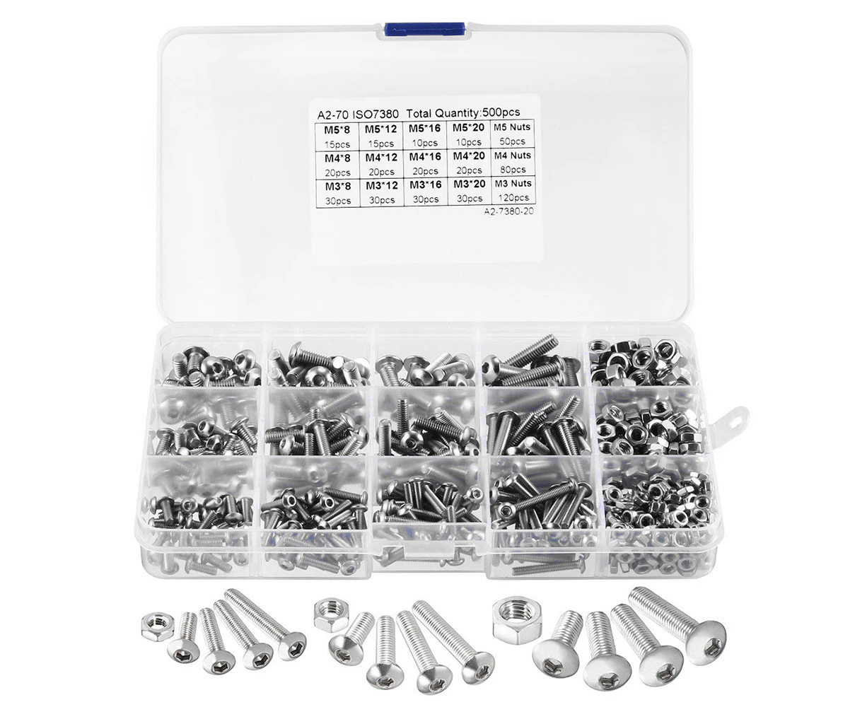 500pcs Stainless Steel Hex Head Metric Bolts Nuts Screws Set M3/M4/M5 Assortment Kit