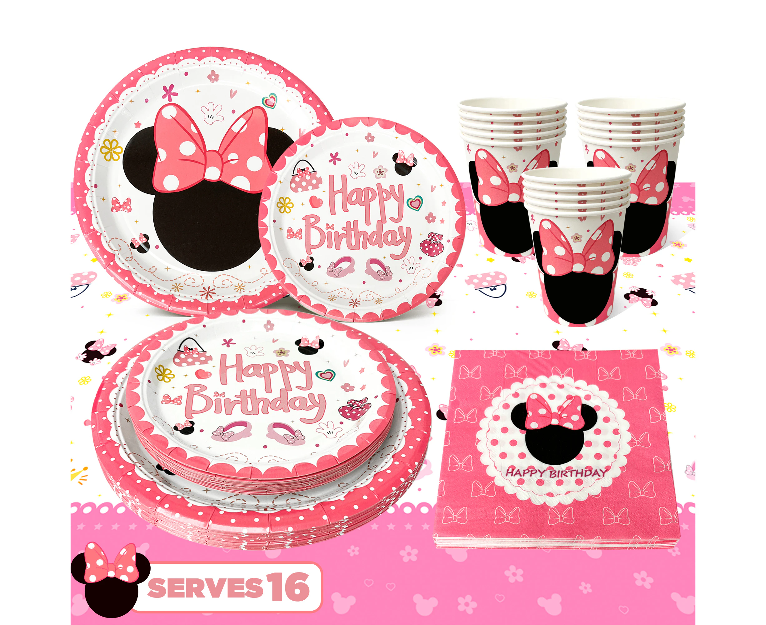 65pcs Minnie Party Supplies,Minnie Tableware Set, Minnie Napkins,Minnie Cups,Minnie Table cloth etc