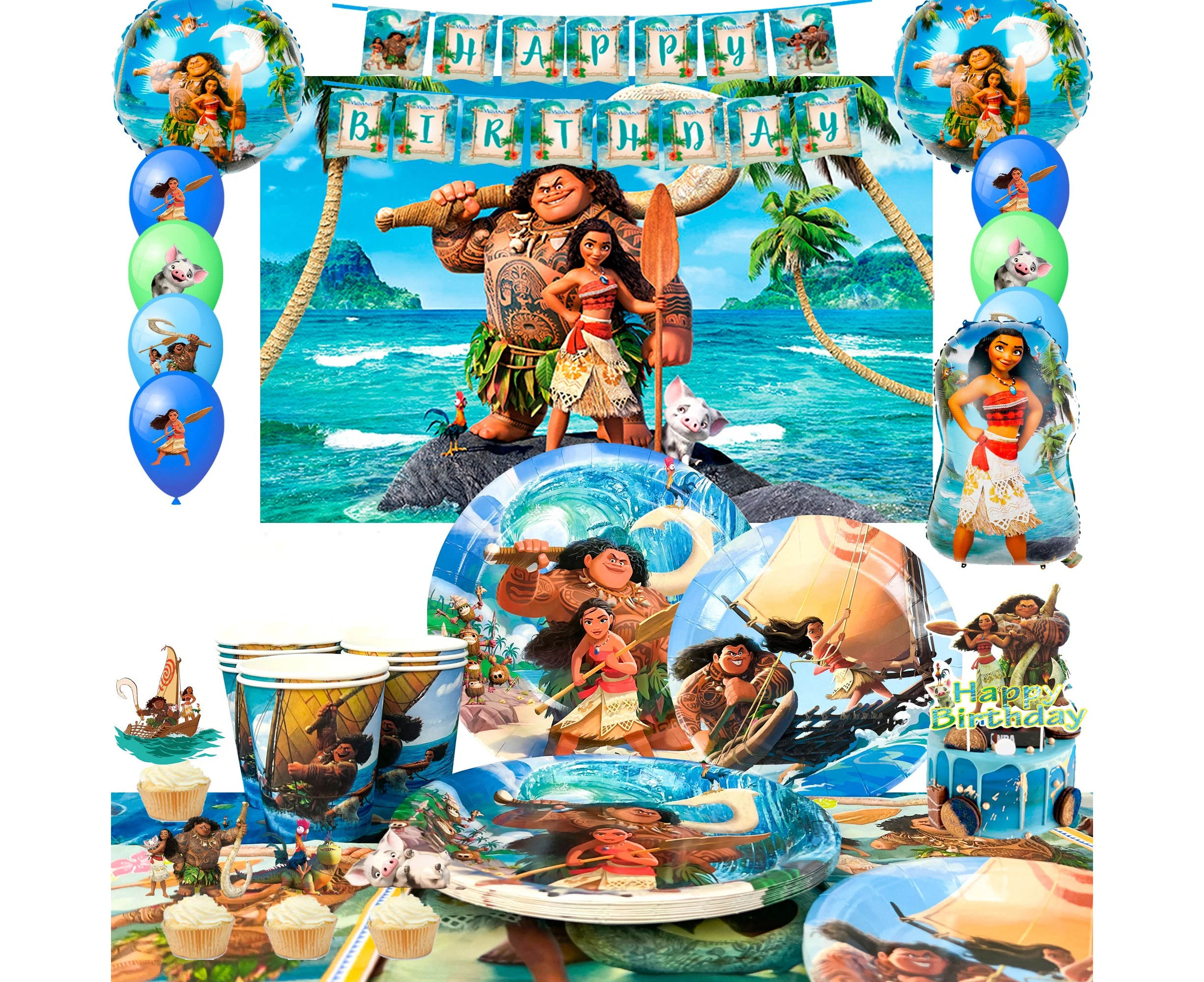 115pcs Moana Birthday Party Supplies,Moana Party Decorations Tableware Set-Moana Birthday Balloons,Banner Backdrop,Table Cloth,Cake Topper etc