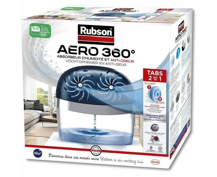 Control Humidity Effectively with Rubson Aero 360 Moisture Absorber - Ideal for Rooms up to 40 sq. metres + 2 Refill Tabs - Perfect for Home Use