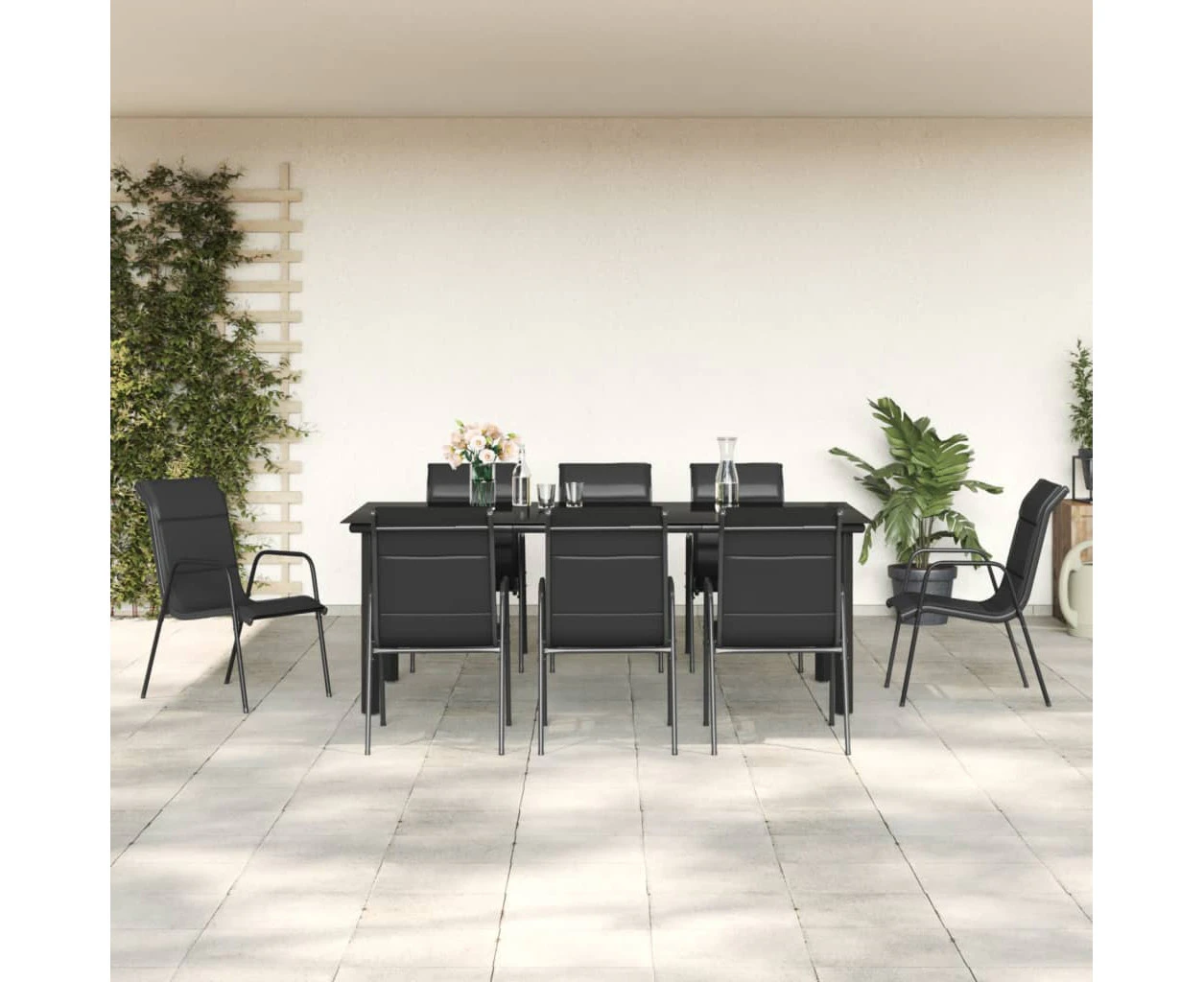 9 Piece Garden Dining Set Black Steel and Textilene