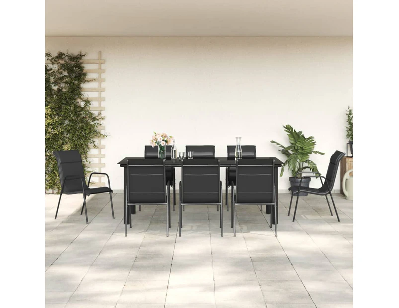 9 Piece Garden Dining Set Black Steel and Textilene