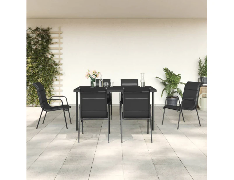 7 Piece Garden Dining Set Black Steel and Textilene