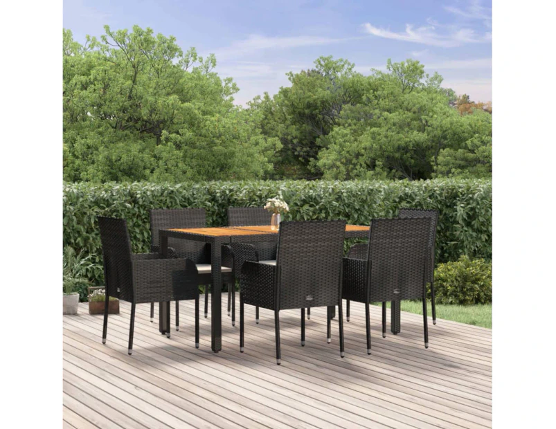 7 Piece Garden Dining Set with Cushions Black Poly Rattan