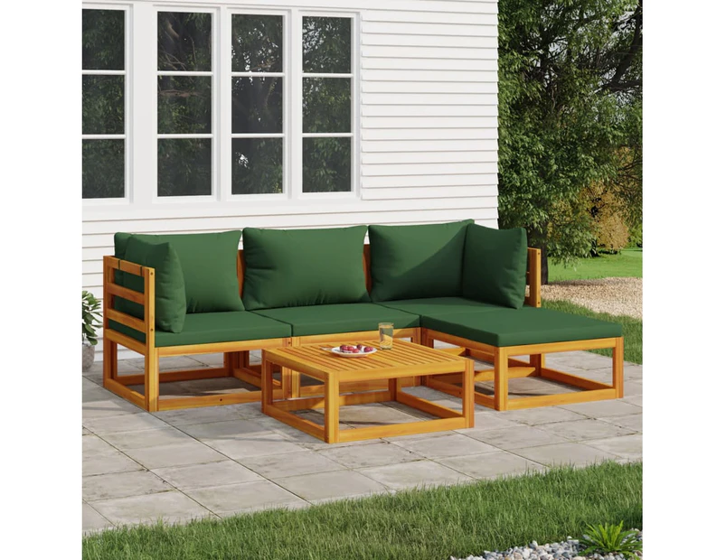 5 Piece Garden Lounge Set with Green Cushions Solid Wood