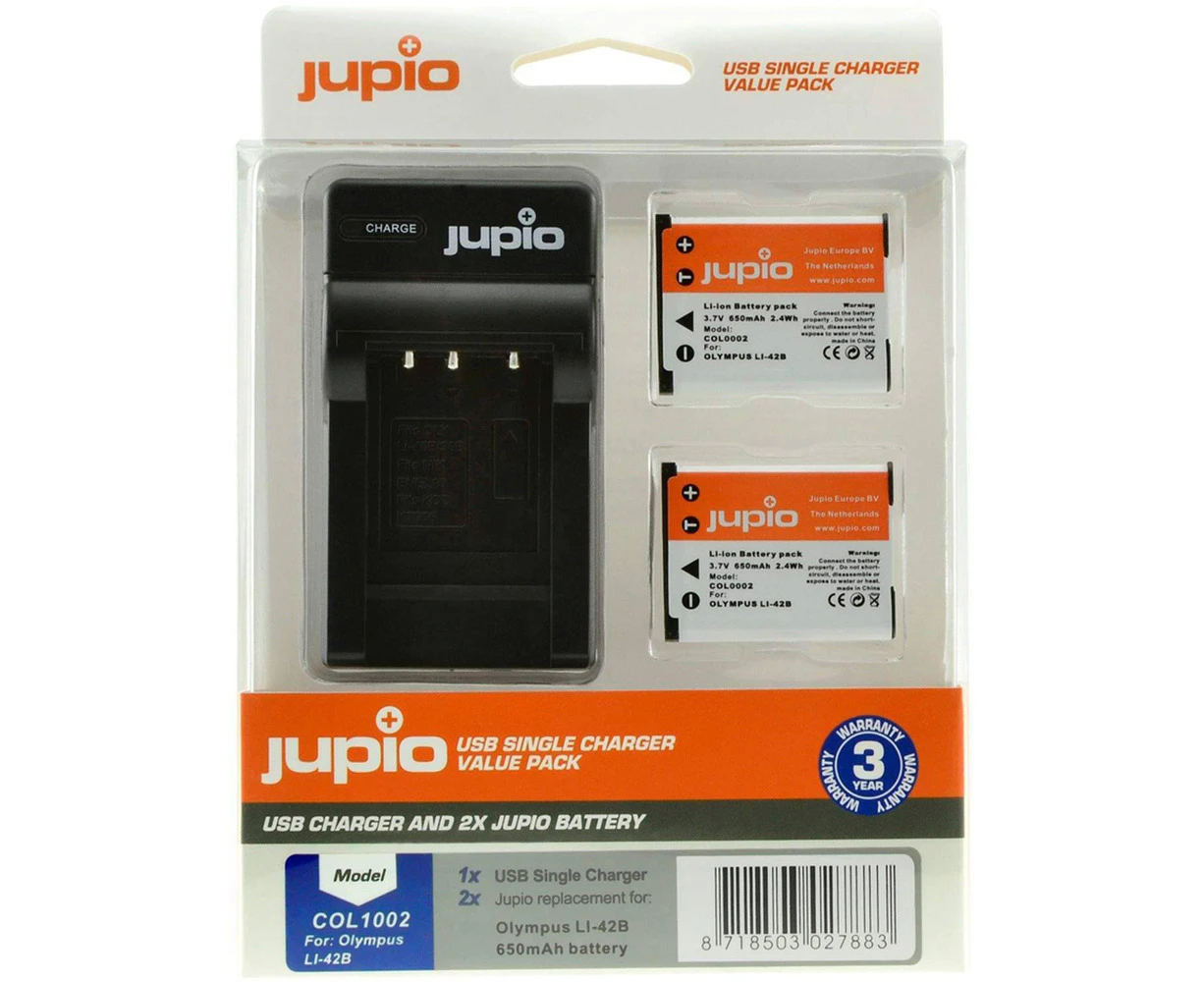 Jupio 2x Battery 650mAh & USB Single Charger For Olympus Li40B/DLi63/EN-EL10