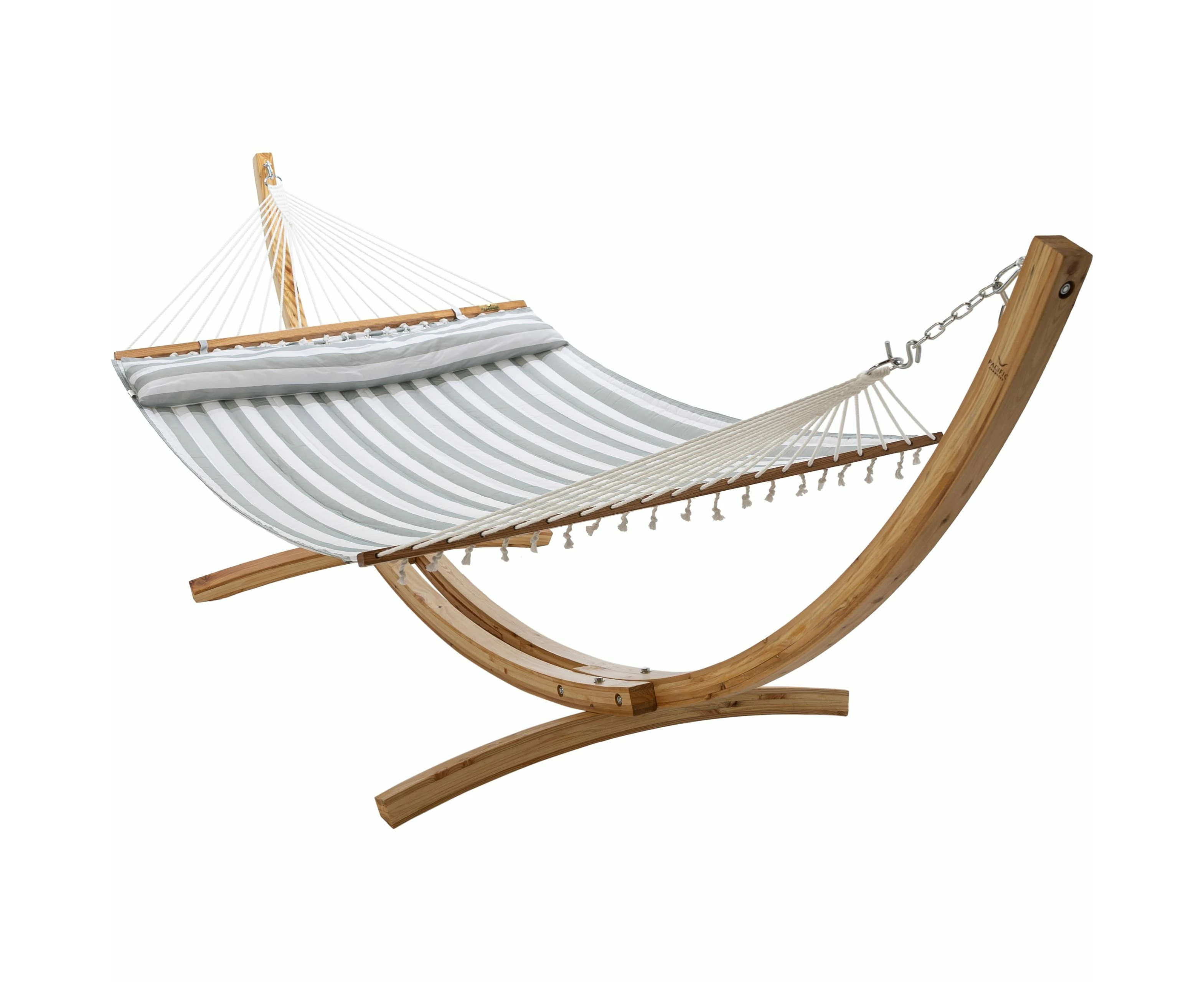 12 ft Natural Wooden Arc Hammock Stand & King Quilted Hammock in Stone Stripe