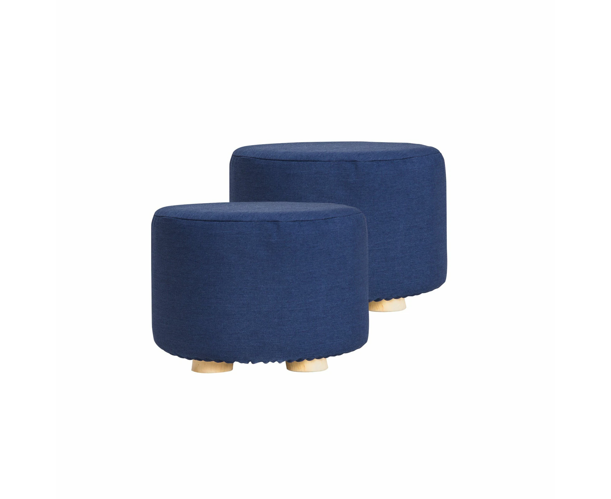 2 X  Fabric Ottoman Round Wooden Leg Foot Stool - Dark Blue