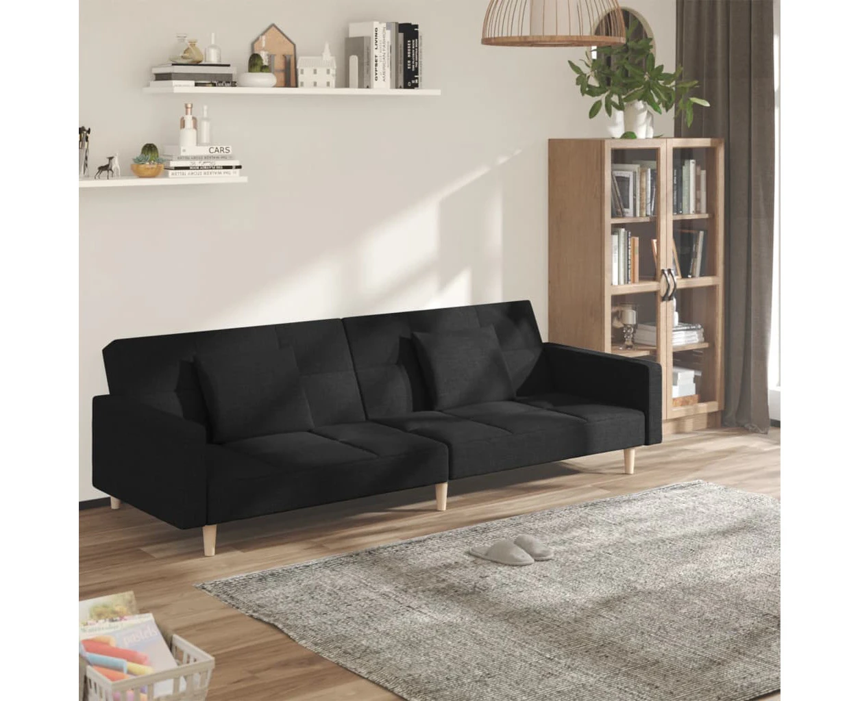 2-Seater Sofa Bed With Two Pillows Fabric - Black