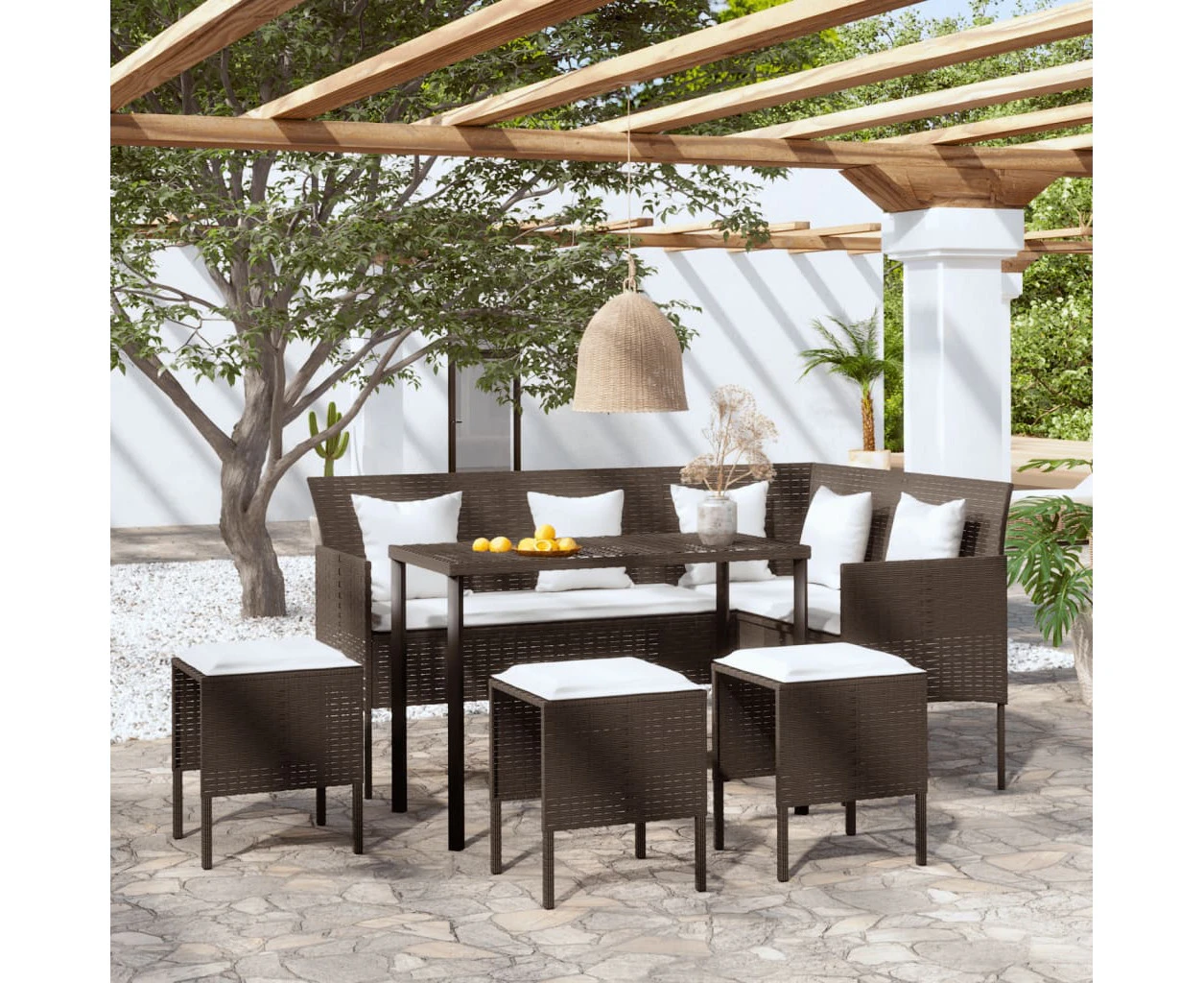 5 Piece L-Shaped Couch Sofa Set With Cushions Poly Rattan - Brown