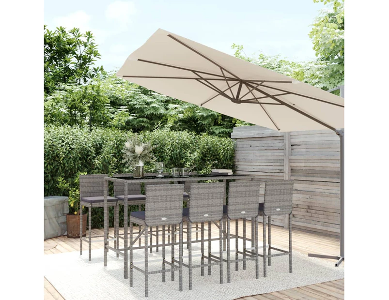 9 Piece Outdoor Bar Set with Cushions Grey Poly Rattan