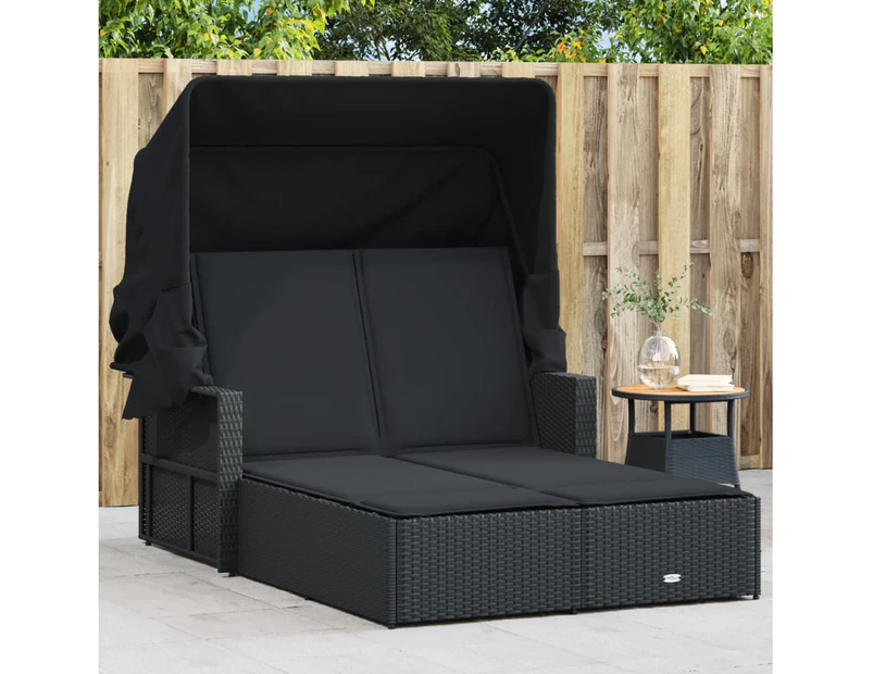 Double Sun Lounger with Canopy and Cushions Black Poly Rattan