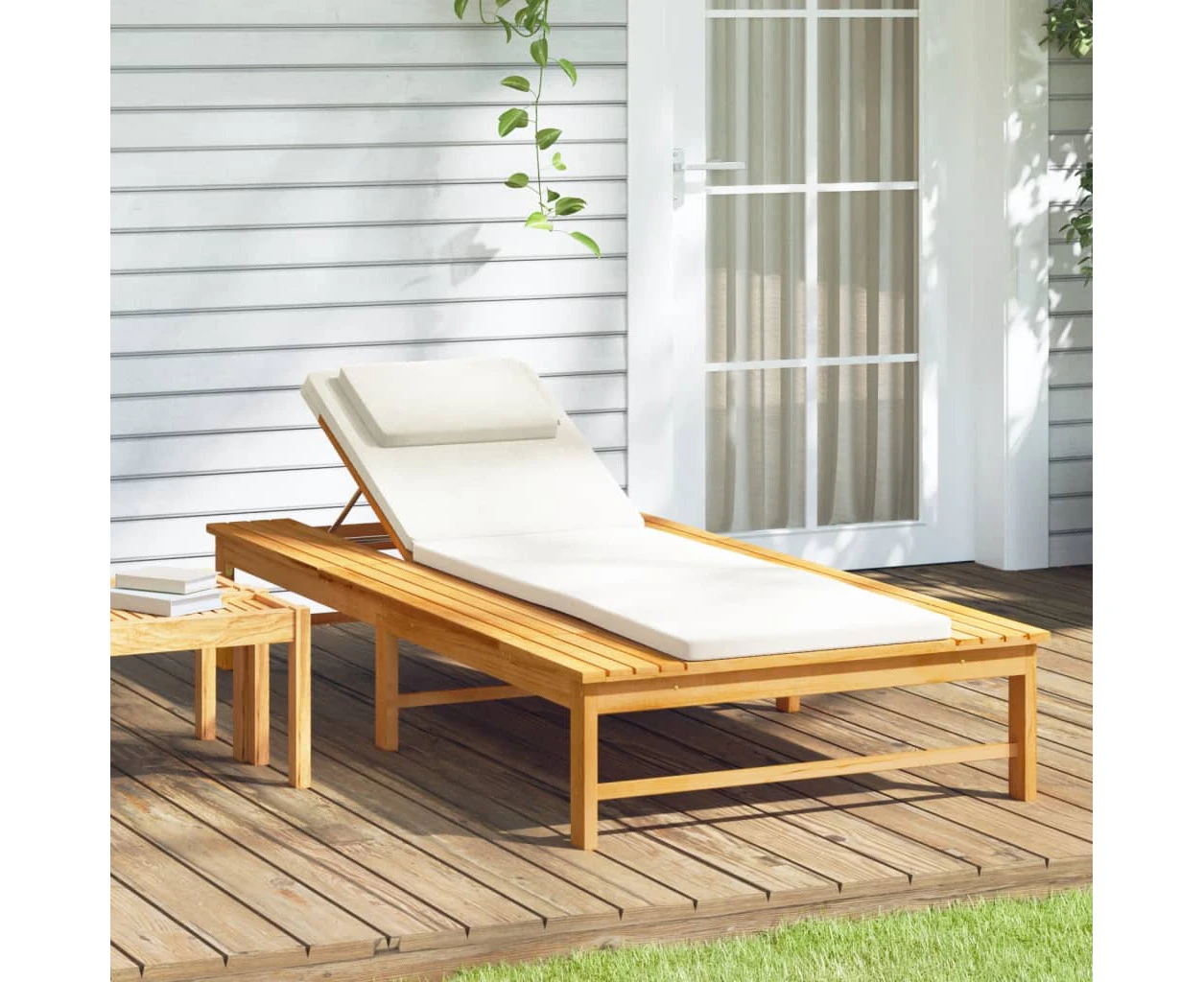 Sun Lounger with Cream White Cushion and Pillow Solid Wood Acacia