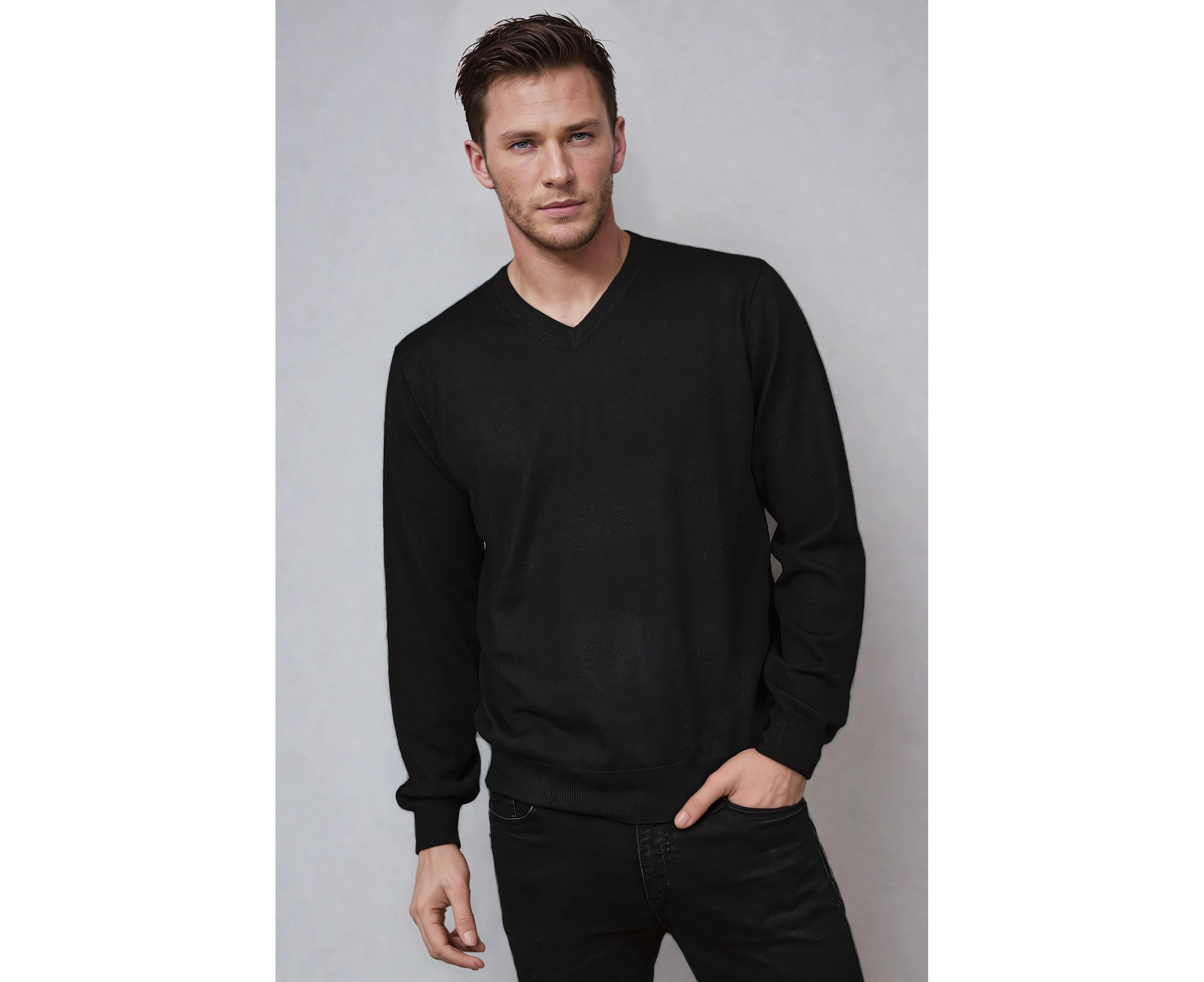 Ansett Men's Black Fine Weight Merino Wool V Neck Jumper