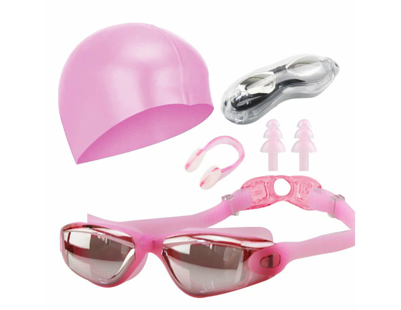 No Leaking Anti Fog Swimming Goggles Swimming Cap Set for Youth Pink