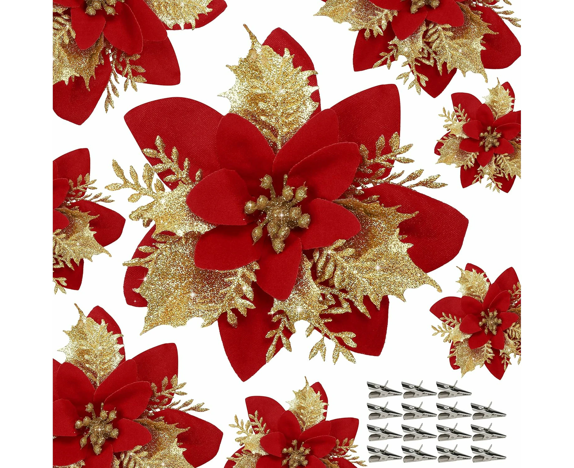 15PCS Poinsettia Flower Artificial Poinsettia with Clips Christmas Decor Glitter Poinsettia Christmas Ornaments Christmas Tree Flower Decorations with