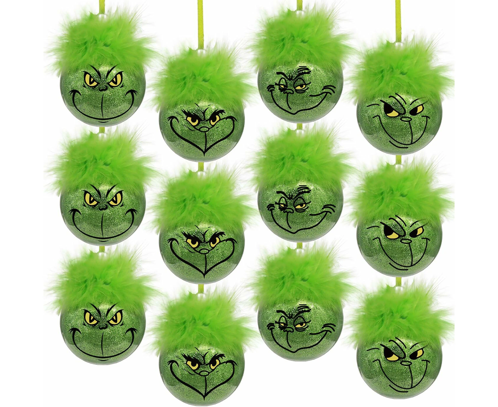 12pcs Christmas Decorations Indoor-Cute Grinchmas Christmas Tree Ornaments with Fuzzy Green Hair, Glitter Hanging Grinchmas Xmas Balls for Home School