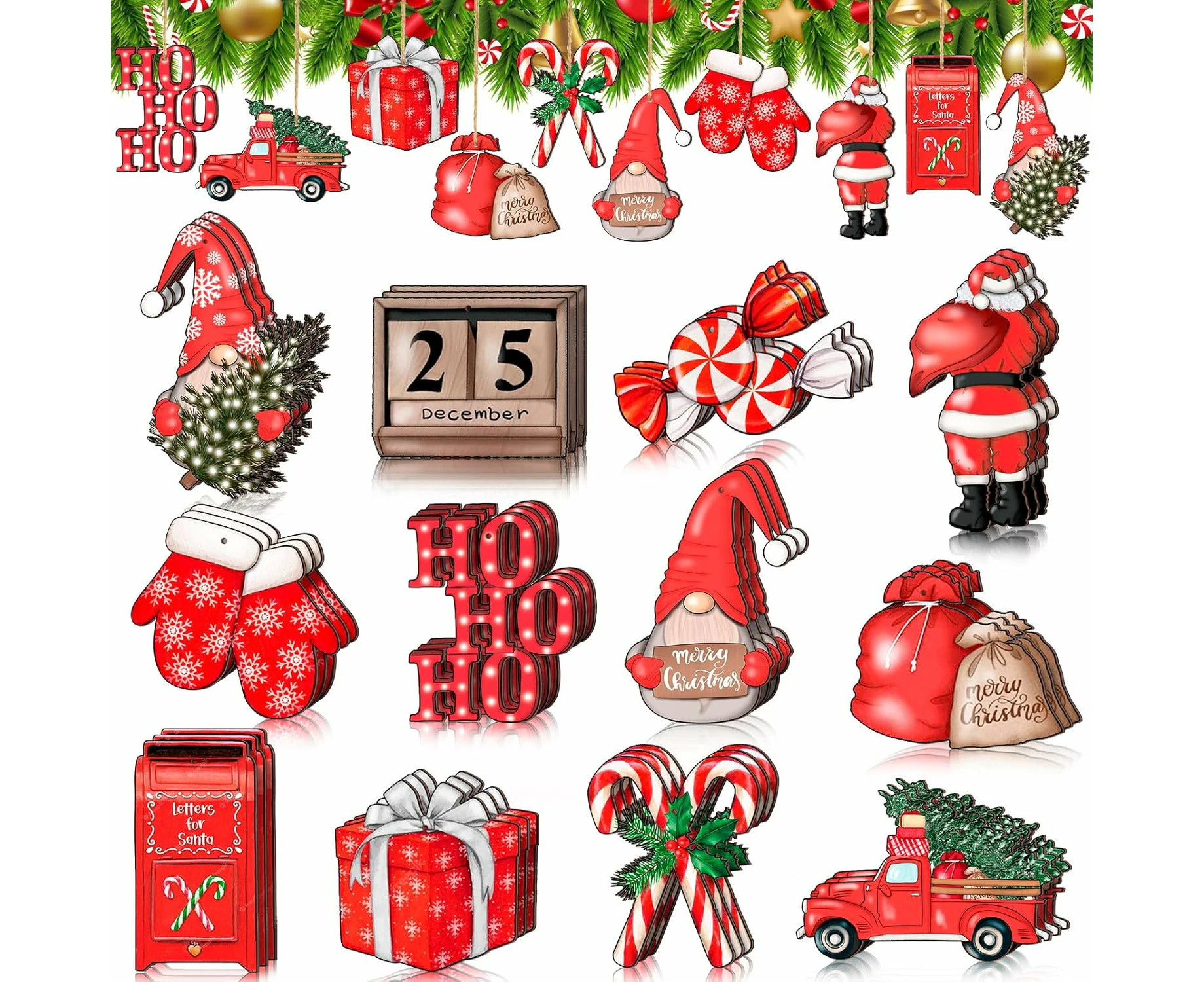 36PCS Christmas Wooden Ornaments Christmas Decorations for Tree Red Gnome Candy Cane Santa Claus Truck Gloves Wood Cutouts Tags Winter Christmas Decor for