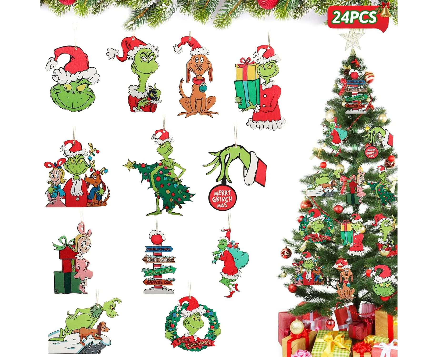 24PCS Grinchs Christmas Decorations, Christmas Tree Ornaments Cute Wooden Hanging Ornaments for Christmas Tree Christmas Decor Indoors Home Party