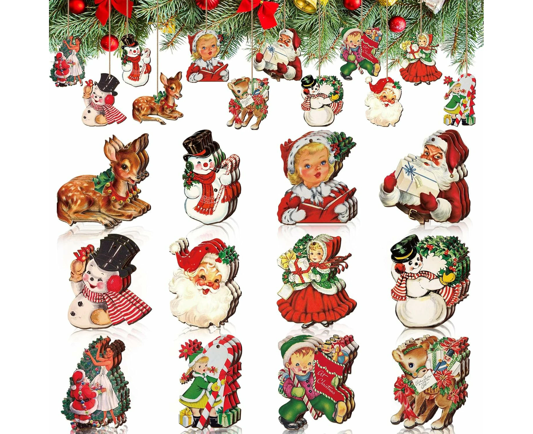 36Pcs Vintage Christmas Ornaments Wooden Christmas Tree Ornaments Snowman Snowflake Santa Wood Cutouts Rustic Farmhouse Christmas Tree Decorations for