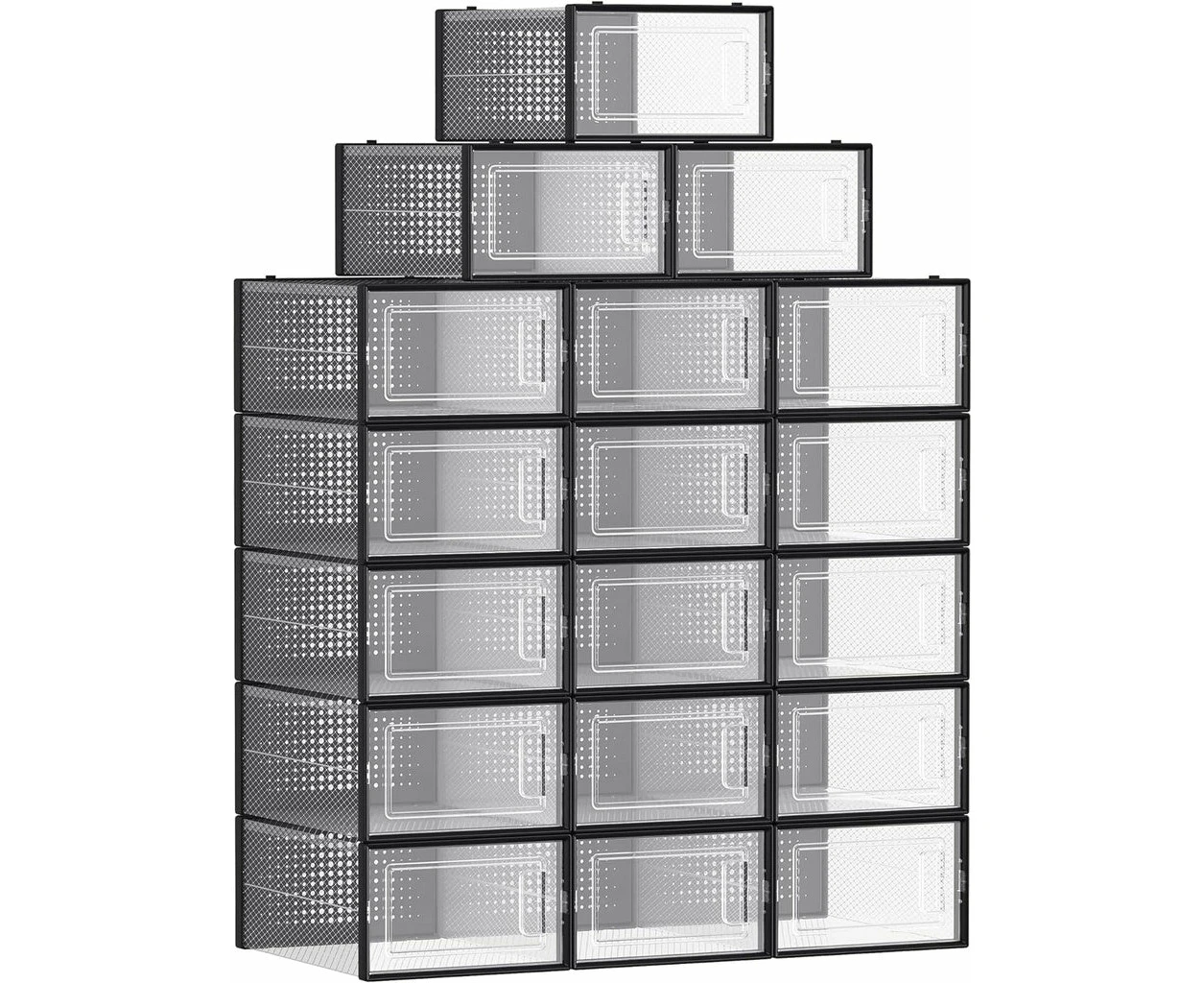 SONGMICS Pack of 18 Foldable and Stackable Shoe Boxes Fit up to AU Size 11 Transparent and Black