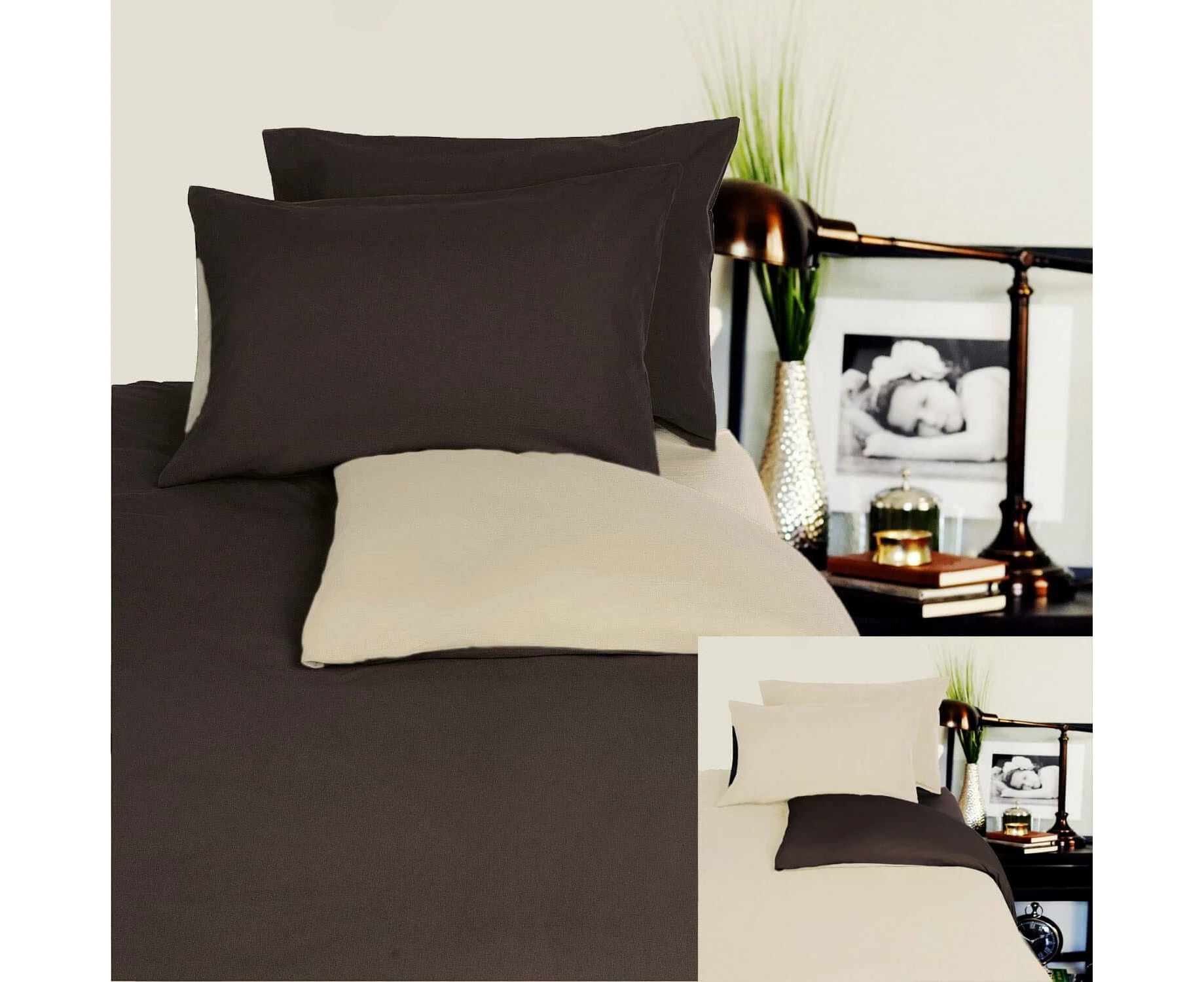 Hotel Living Reversible 100% Cotton JERSEY Quilt Cover Set Chocolate / Linen - DOUBLE