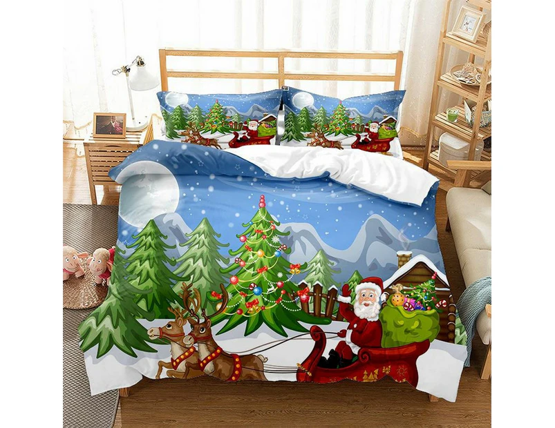 Christmas 3pcs Bedding Set Double Queen King Size Quilt Cover Pillowcases Set Xmas Trees Elk Duvet Cover Printed Christmas Decor - Wagon Blue