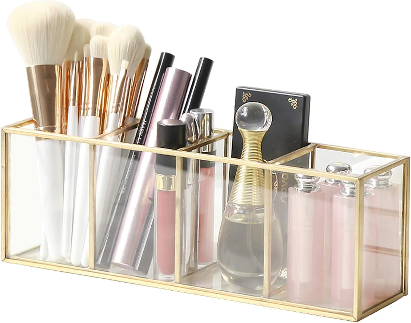 Make Up Organiser, Brush Holder, Pen Holder, Glass and Brass Desk Organiser, Cosmetic Storage for Brushes, Eyeliner, Lipstick (Gold B)