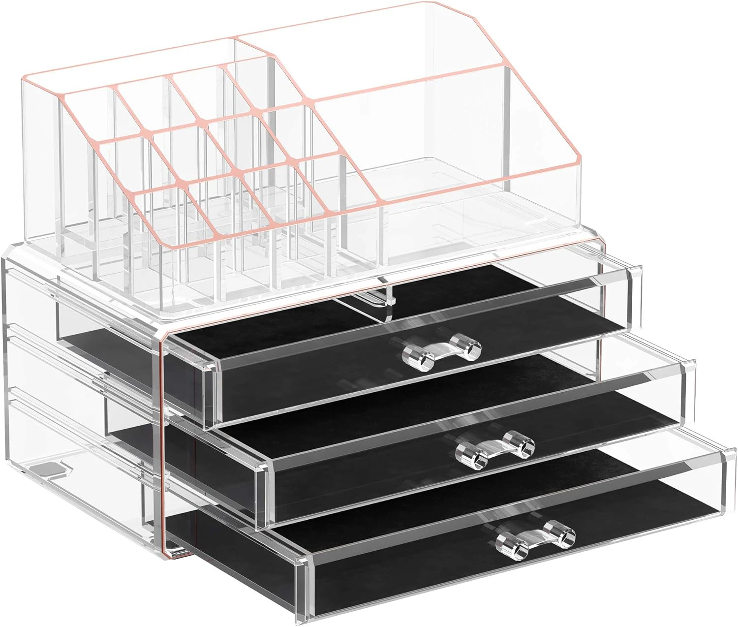 JKA002T01 Makeup Organiser, Cosmetic Organiser with 3 Drawers and 15 Compartments in Different Sizes, Transparent/Rose Gold