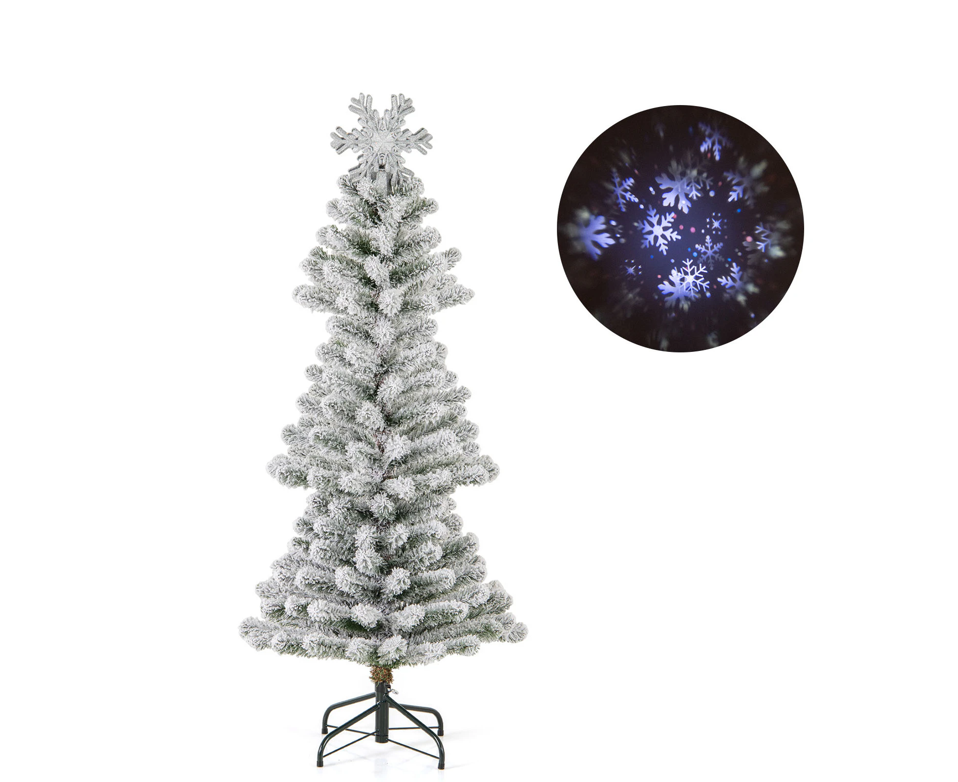 Costway Round Branch White Flocked Christmas Tree Projection Light Xmas Decoration w/Top Lights