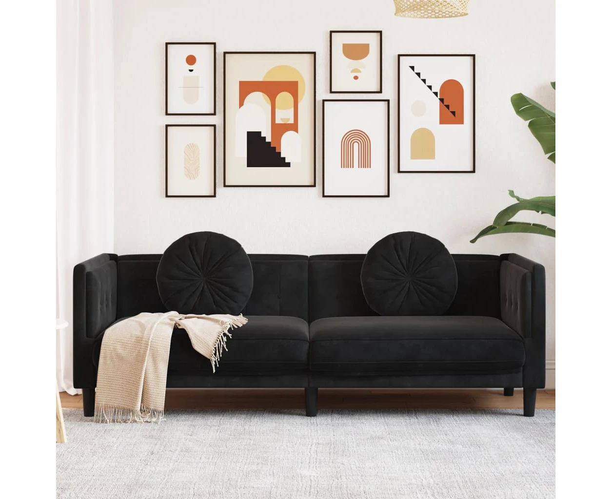 Sofa with Cushions 3-Seater Black Velvet