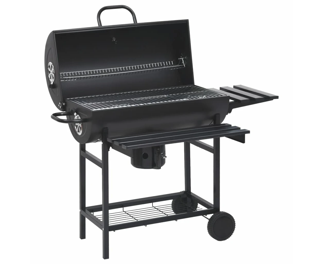 Barrel Grill with Wheels and Shelves Black Steel 115x85x95 cm