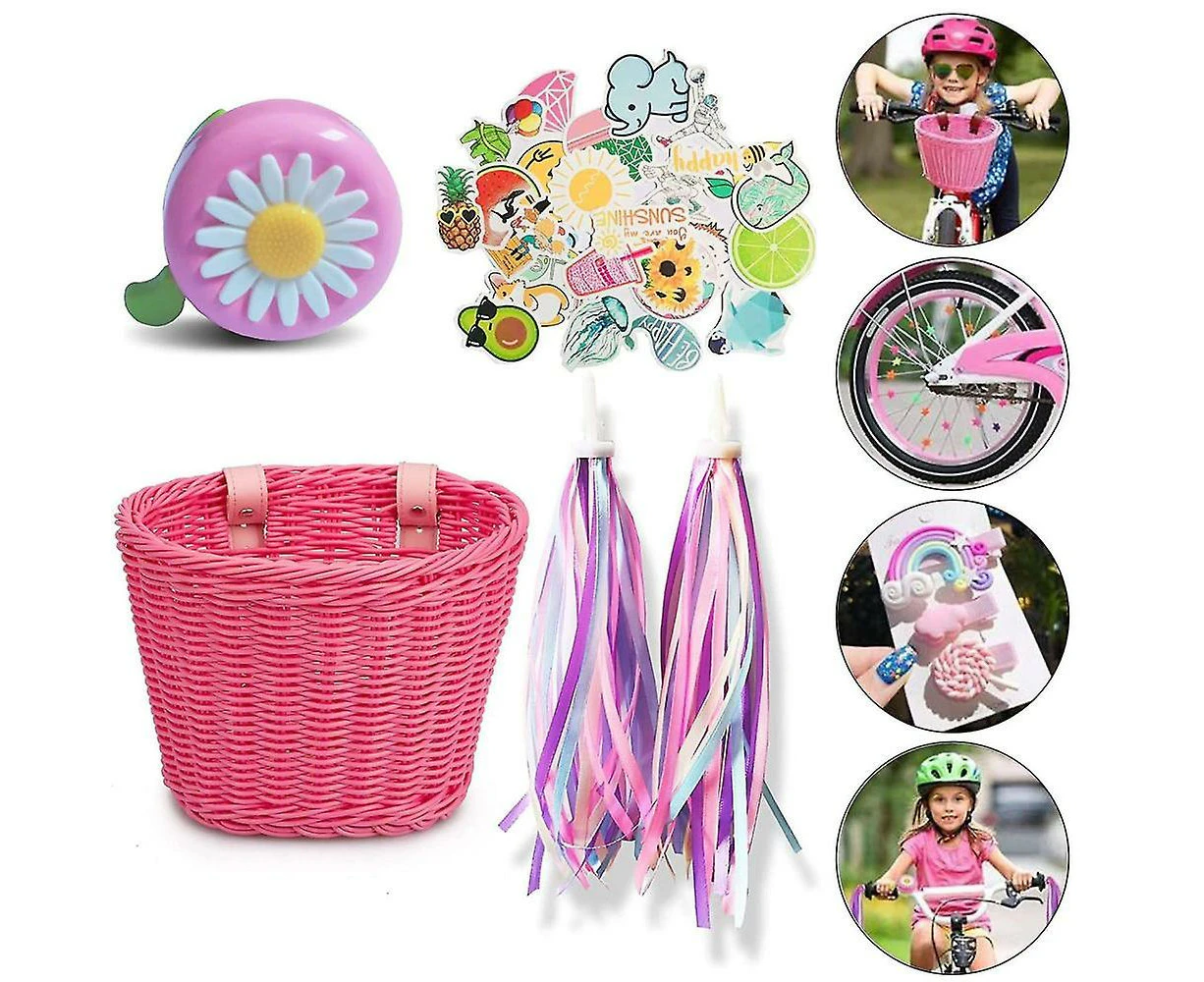 Gigbuff Cam Bike Basket For Kids Front Bike Accessories Woven Wicker Bicycle Basket With Handlebar Streamers Pink