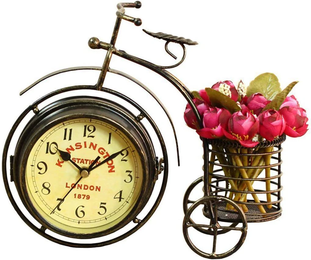 European Style Silent Double-Sided Tricycle Pen Holder Living Room Bedroom Decor Table Clock Christmas Gifts Bronze