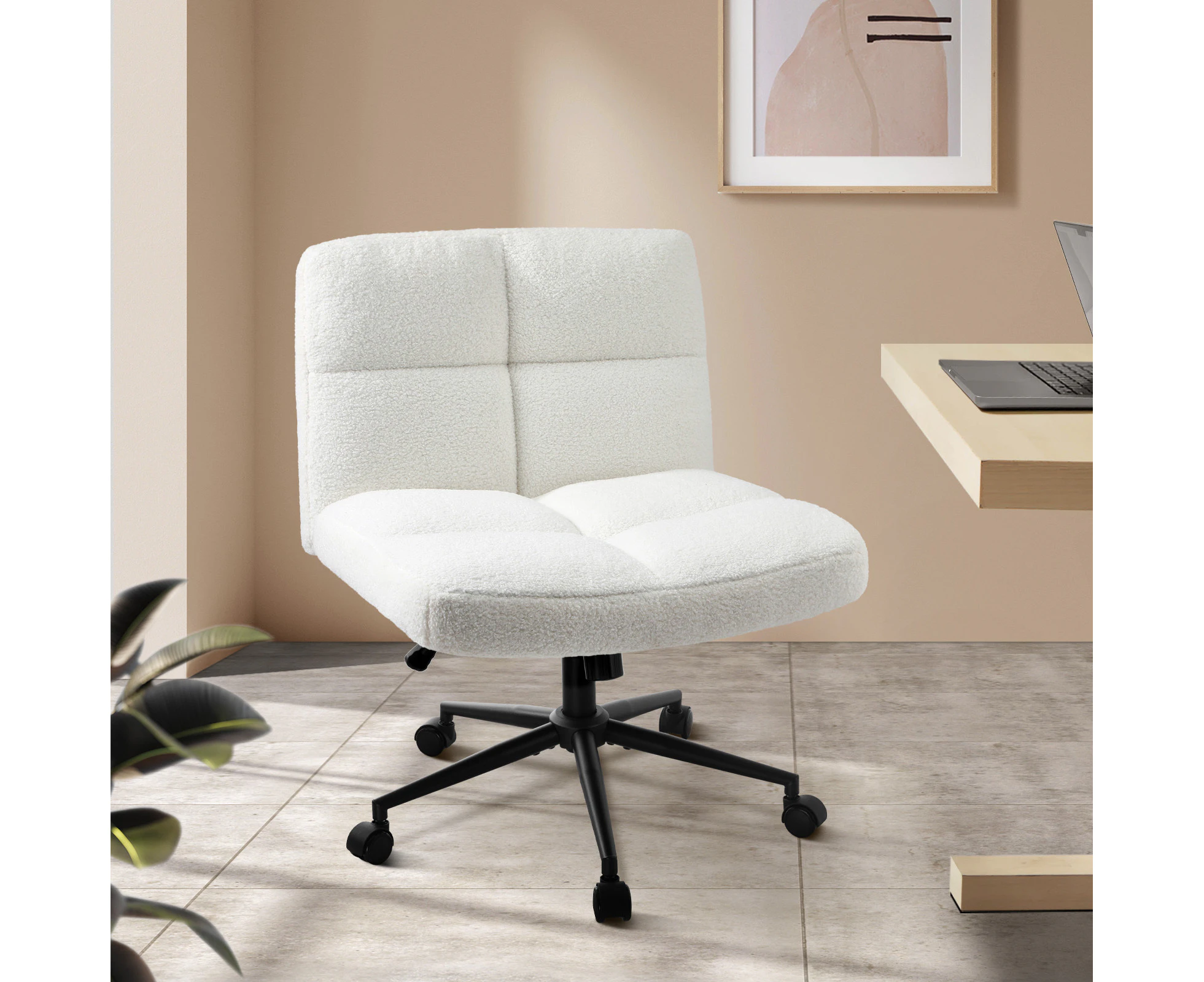 Oikiture Mid Back Armless Office Desk Chair Wide Seat with Wheels Boucle White