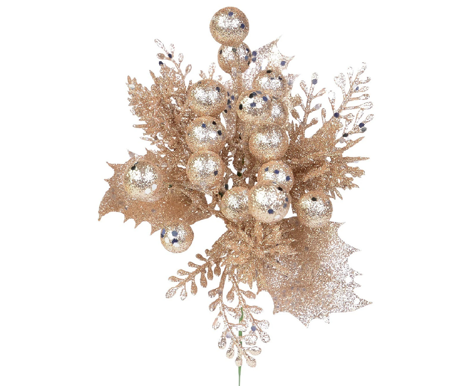 Rose Gold Glittered Berry With Twigs & Leaves Christmas Foliage Pick - 20cm