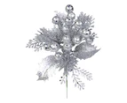 Silver Glittered Berry With Twigs & Leaves Christmas Foliage Pick - 20cm