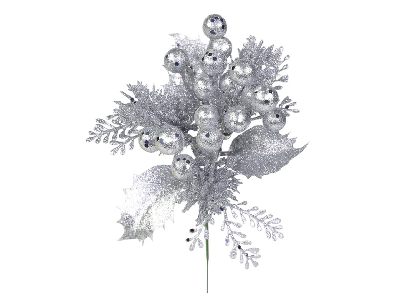 Silver Glittered Berry With Twigs & Leaves Christmas Foliage Pick - 20cm