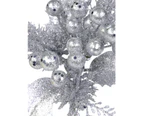 Silver Glittered Berry With Twigs & Leaves Christmas Foliage Pick - 20cm