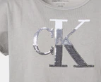 Calvin Klein Girls' Colourblock Monogram Tie Front Tee / T-Shirt / Tshirt - Moon Mist