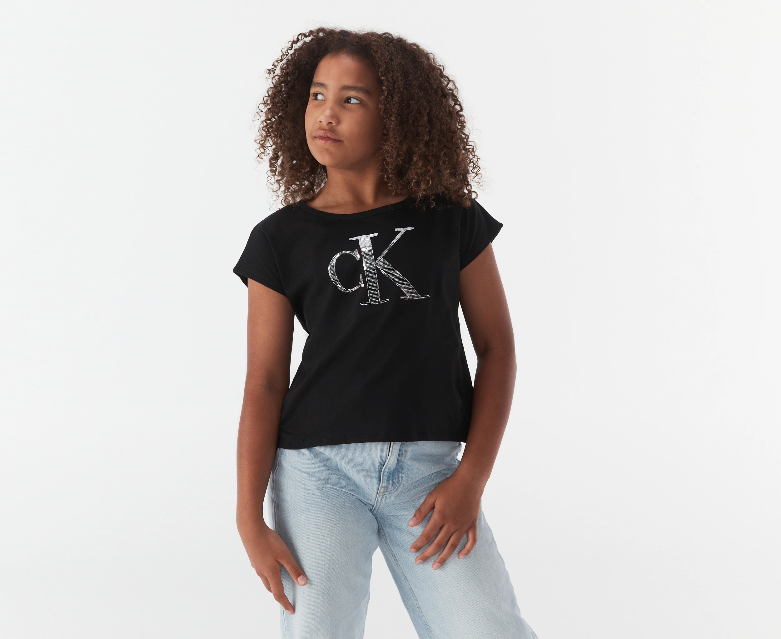 Calvin Klein Girls' Colourblock Monogram Tie Front Tee / T-Shirt / Tshirt - Black