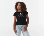 Calvin Klein Girls' Colourblock Monogram Tie Front Tee / T-Shirt / Tshirt - Black