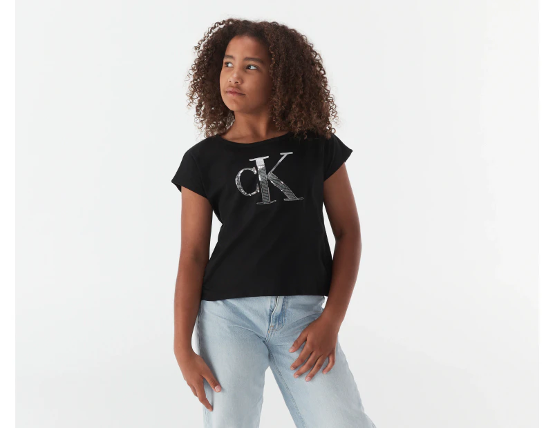 Calvin Klein Girls' Colourblock Monogram Tie Front Tee / T-Shirt / Tshirt - Black