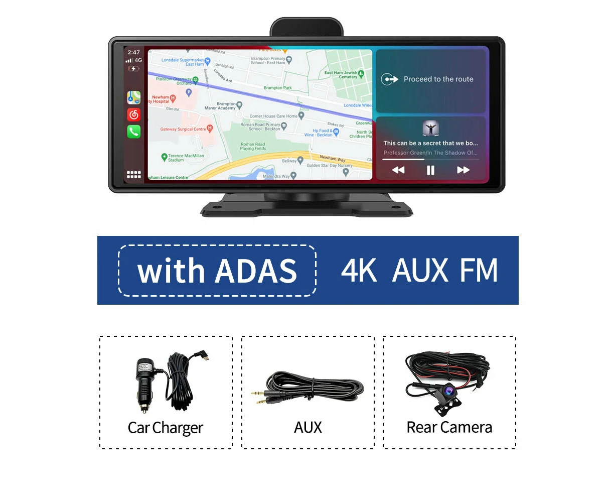 26 cm 4K Dash Cam with ADAS, Wireless CarPlay, Android Auto, GPS, 5G WiFi (ADAS NO GPS)