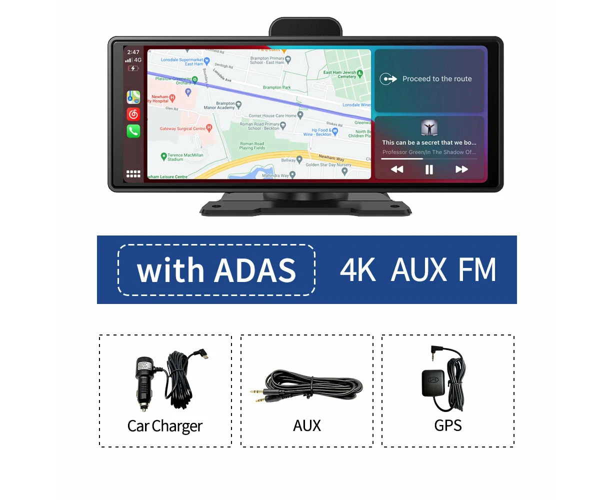 26 cm 4K Dash Cam with ADAS, Wireless CarPlay, Android Auto, GPS, 5G WiFi (With ADAS NO Rear Cam)