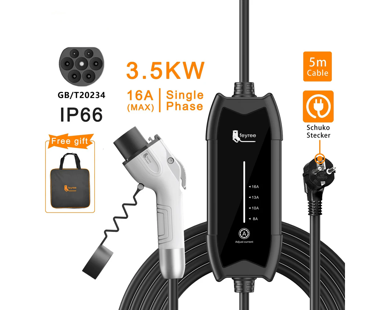 Portable EV Charger, Adjustable with 5m Cable for Electric Vehicles (GBT 3.5KW 16A)