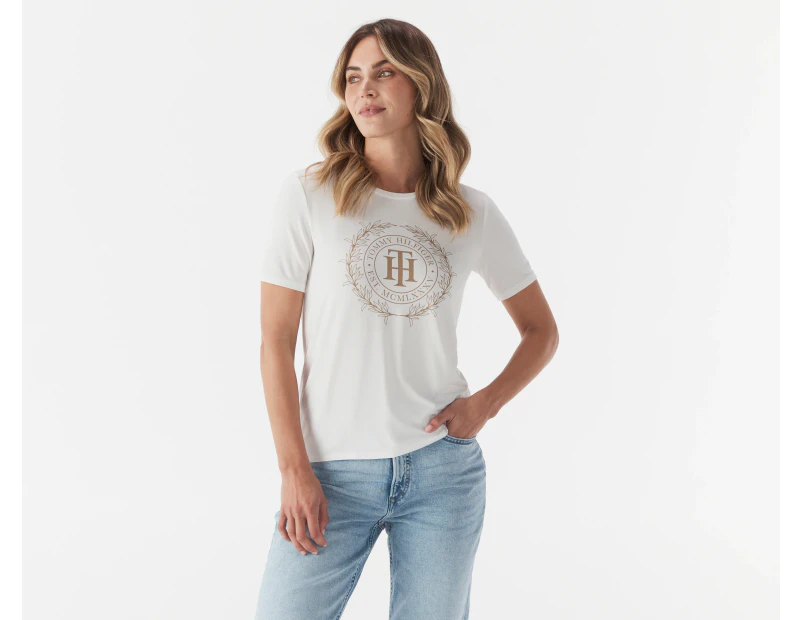 Tommy Hilfiger Women's Crest Logo Open Neck Tee / T-Shirt / Tshirt - Milky Way