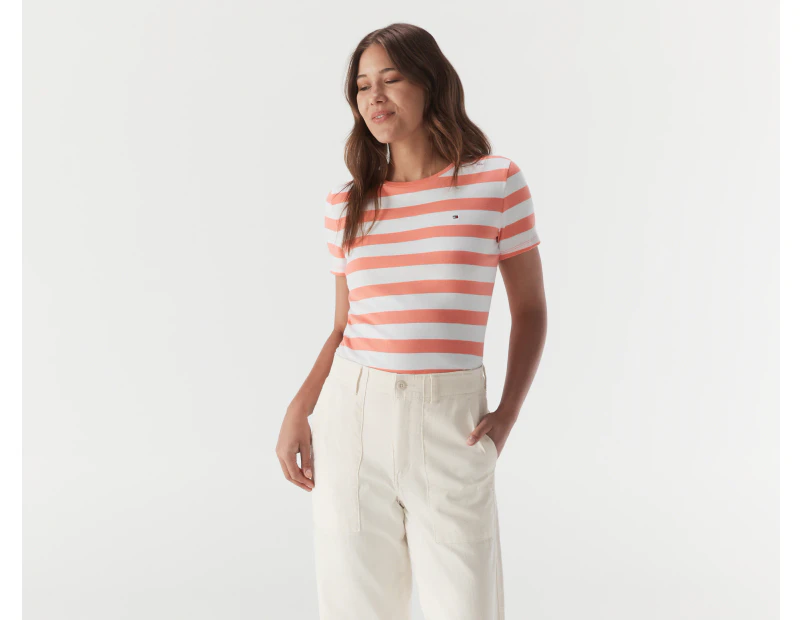 Tommy Hilfiger Women's Favourite Crewneck Stripe Tee / T-Shirt / Tshirt - Coral Blossom/Multi