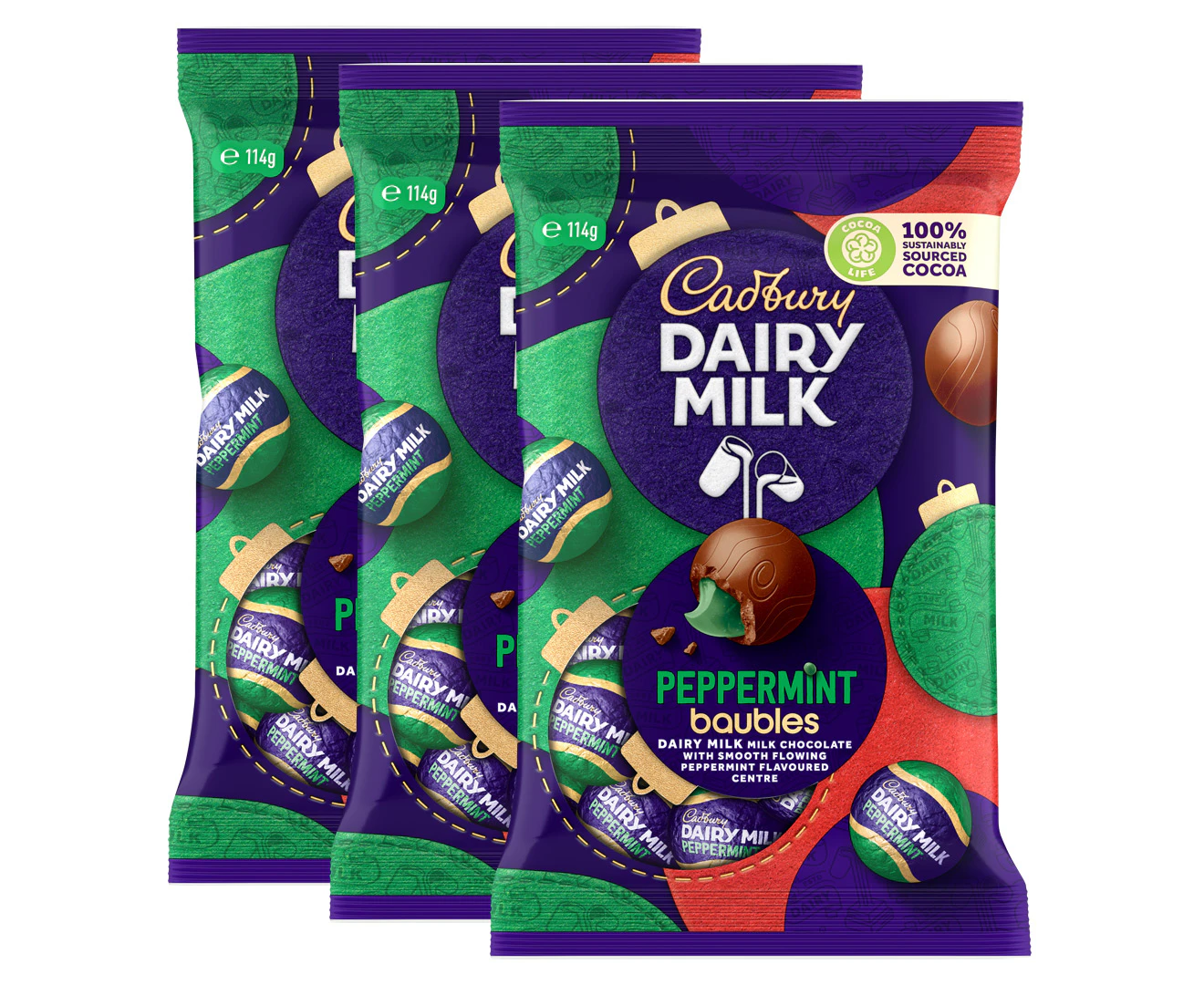 3 x Cadbury Dairy Milk Baubles Peppermint 114g